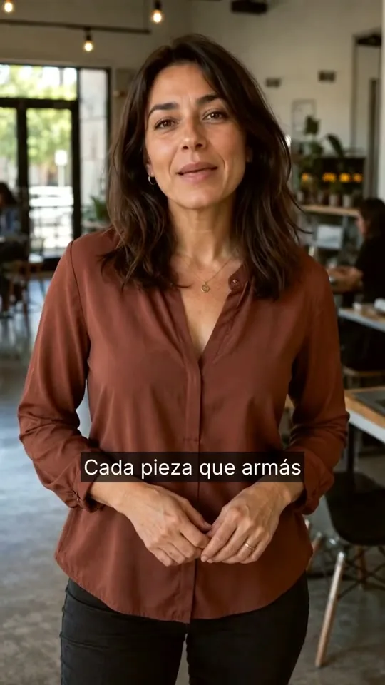 Reel con presentador hecho con Postea para Postea: una presentadora con blusa color terracota habla a cámara en un café luminoso; subtítulo «Cada pieza que armás»