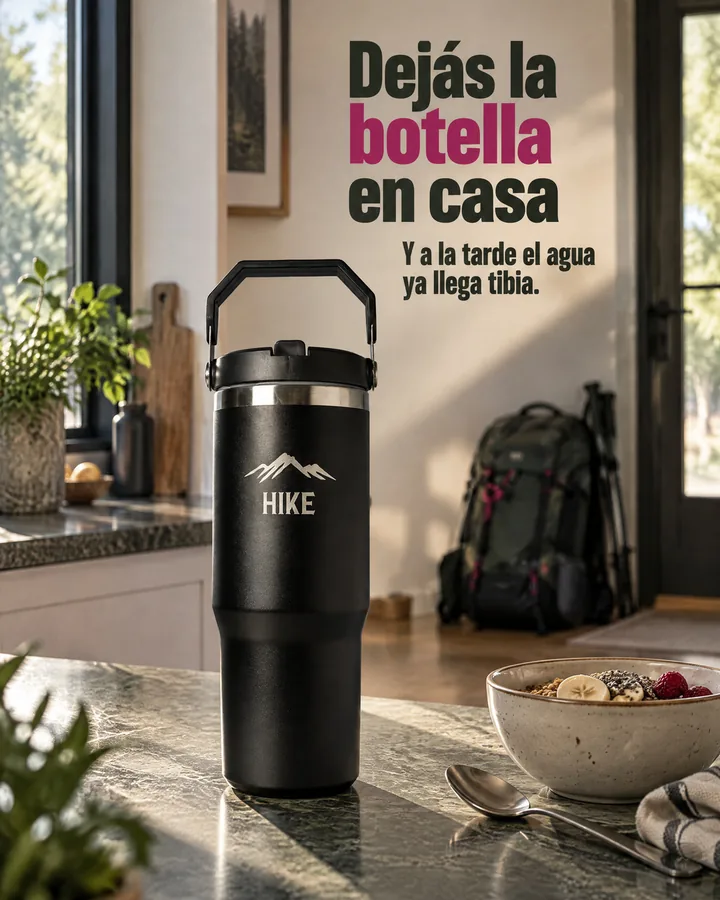 Carrusel hecho con Postea para HIKE: portada con un termo negro sobre la mesada de una cocina luminosa, con un bowl y una mochila al fondo; titular «Dejás la botella en casa»