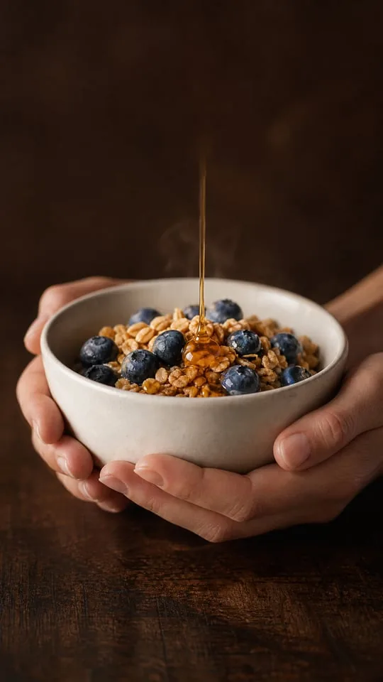 Reel con voz en off hecho con Postea para Alma Café: manos que sostienen un bowl de granola con arándanos mientras cae miel